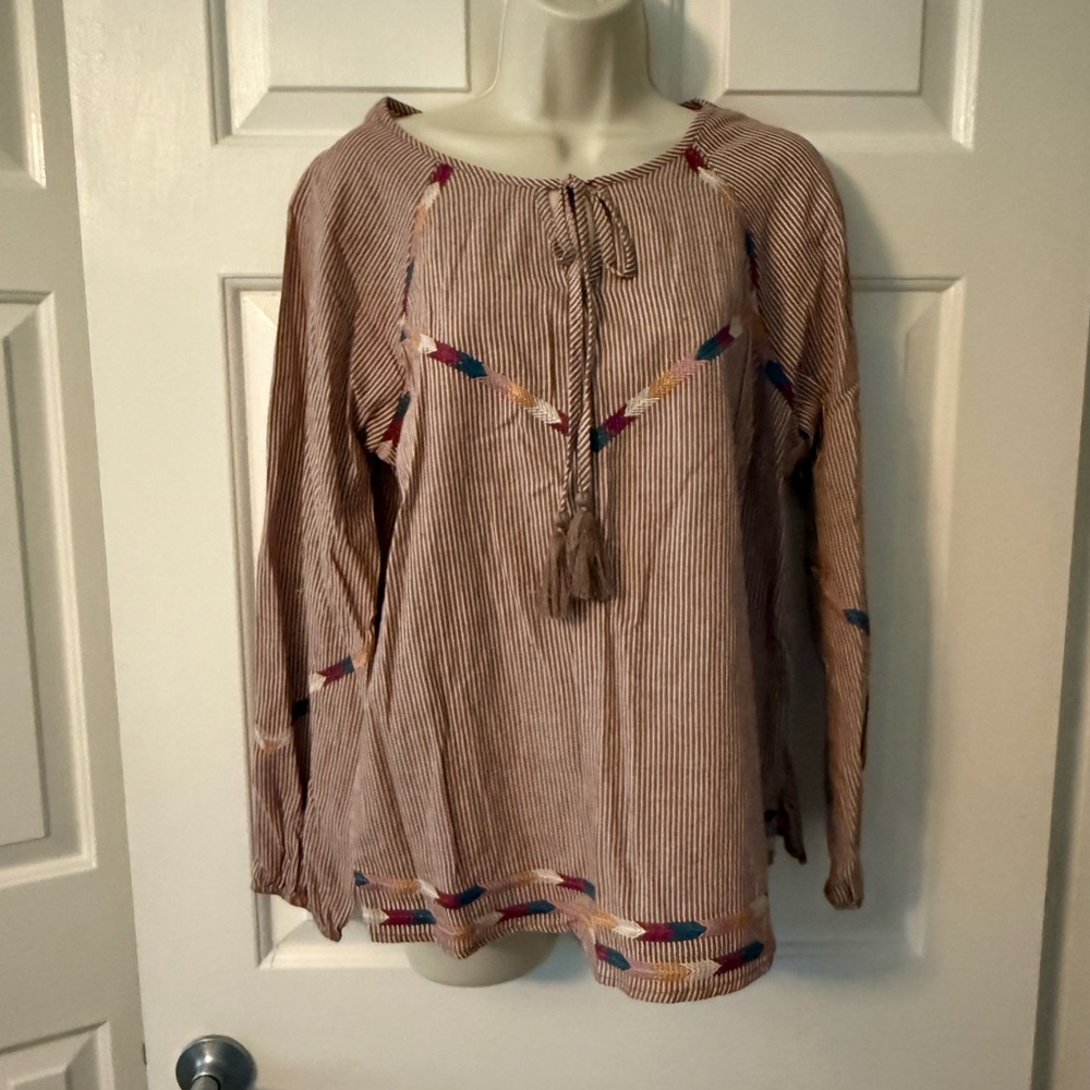 Savanna Jane Beige Striped Blouse with Colorful Accents